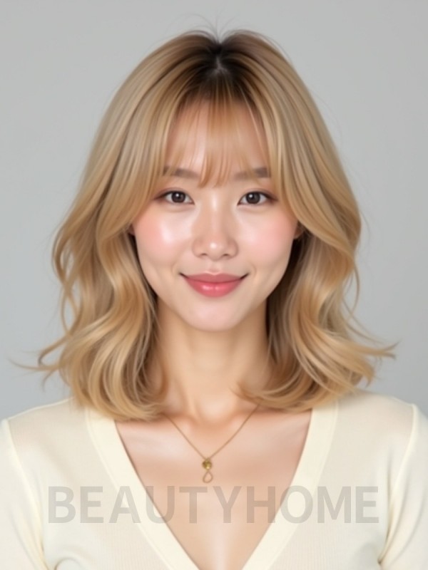 골든 블론드 턱밑 블런트 단발+커튼뱅