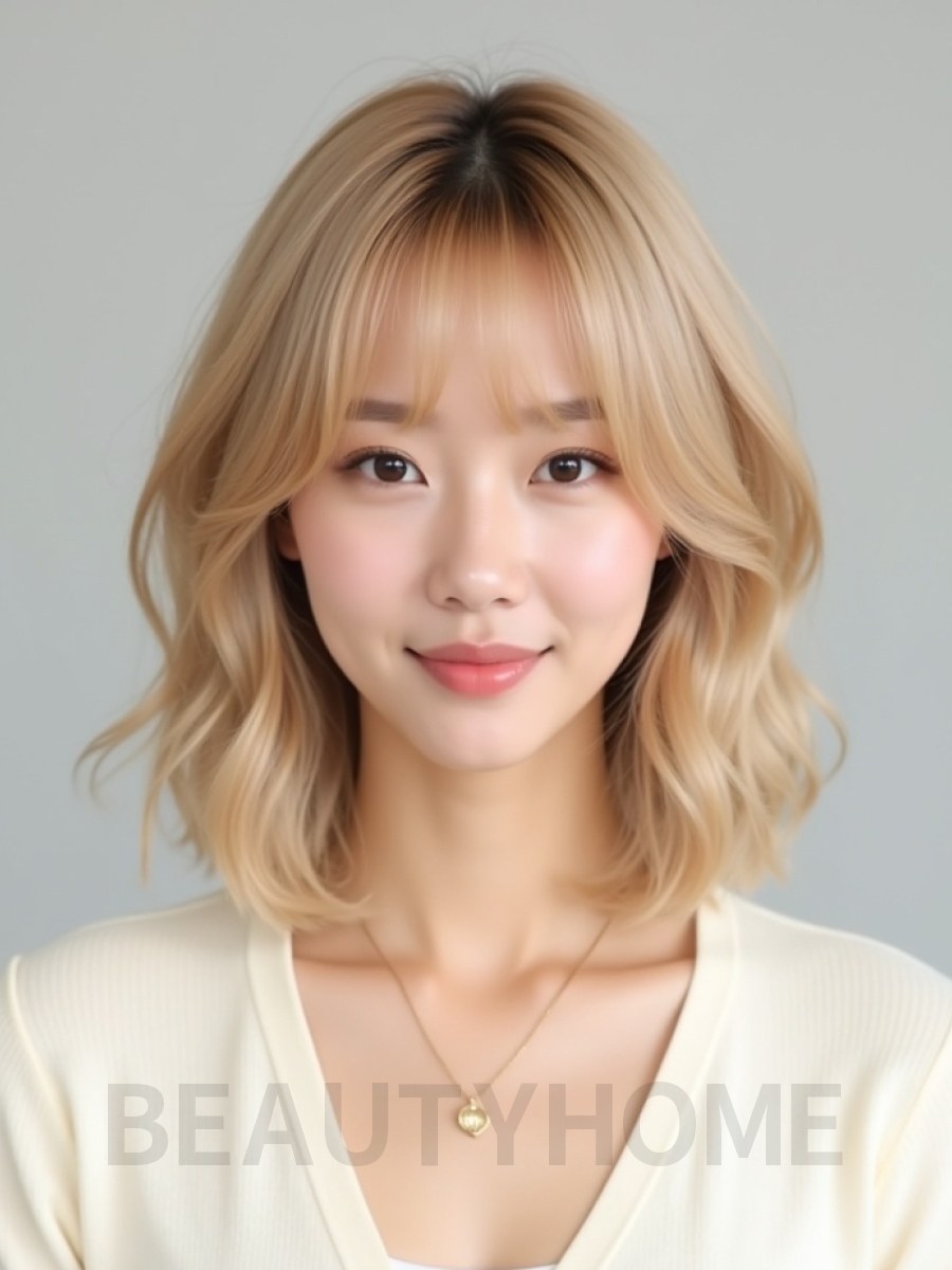 골든 블론드 턱밑 웨이브 단발+커튼뱅