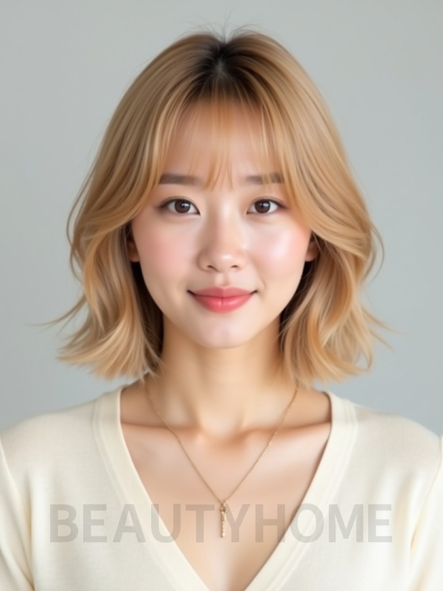 골든 블론드 턱밑 스택 단발+뱅
