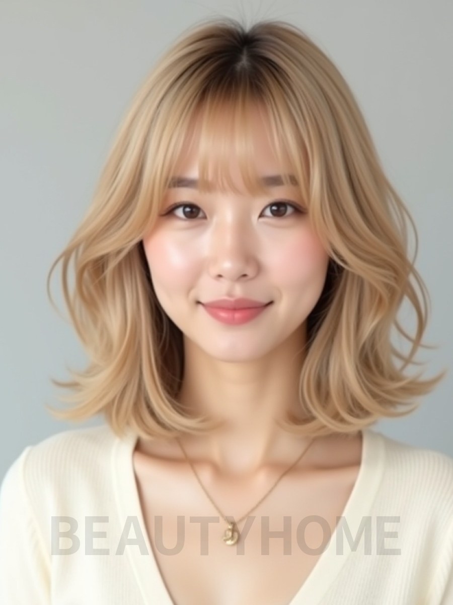 골든 블론드 어깨 레이어드 단발+뱅