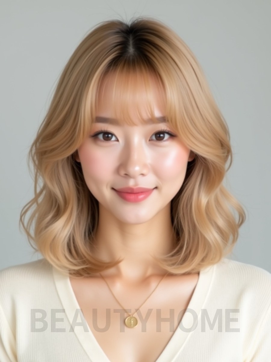 골든 블론드 어깨 웨이브 단발+풀뱅
