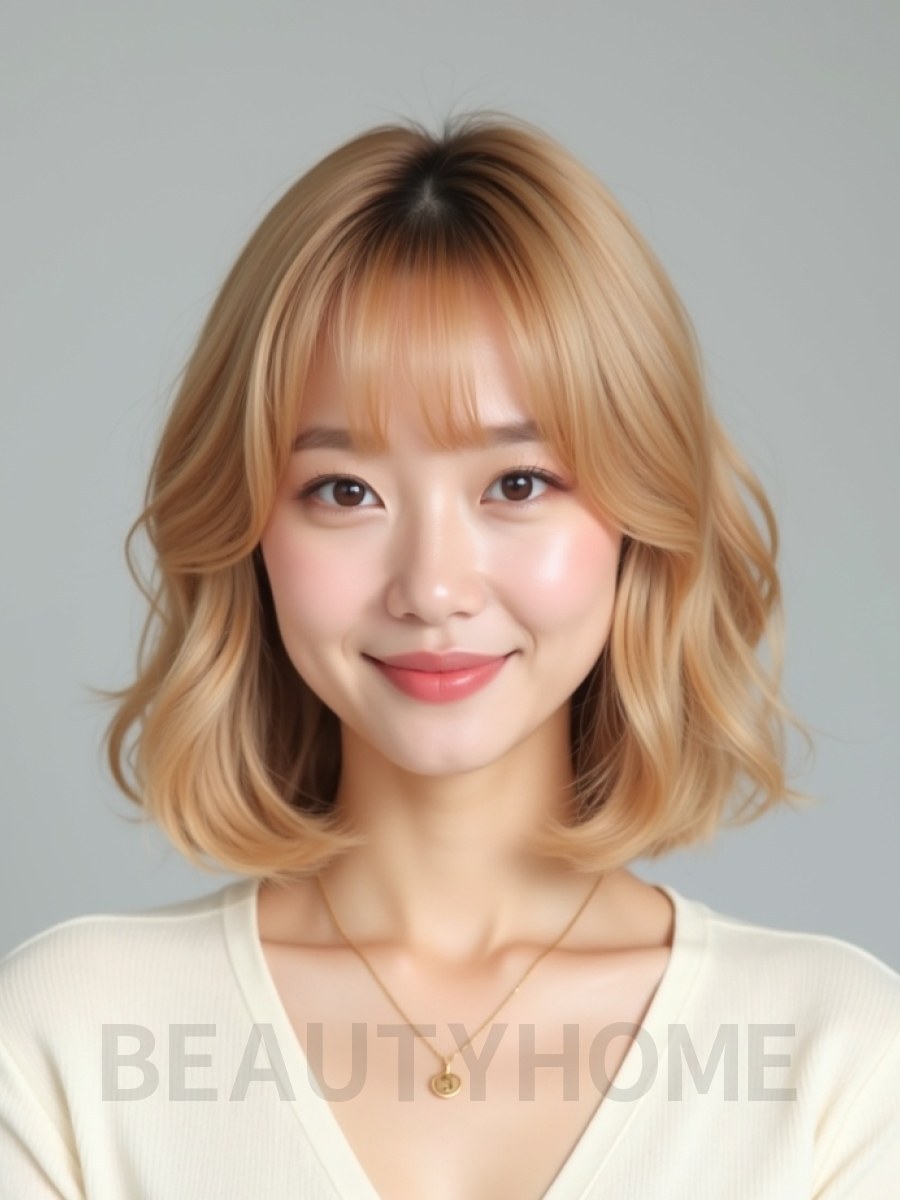 골든 블론드 어깨 블런트 단발+풀뱅