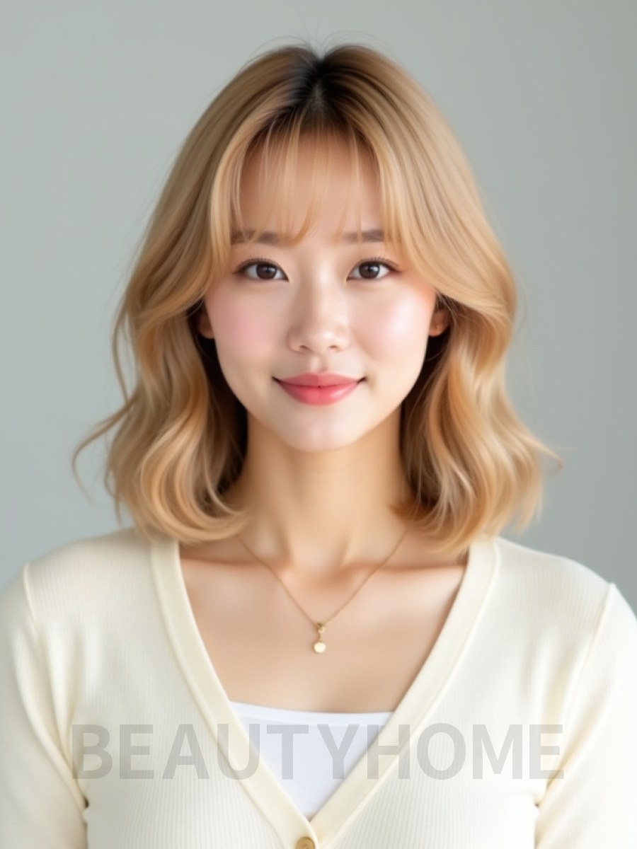 골든 블론드 턱밑 비대칭 단발+커튼뱅