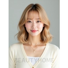 골든 블론드 턱밑 비대칭 단발+커튼뱅