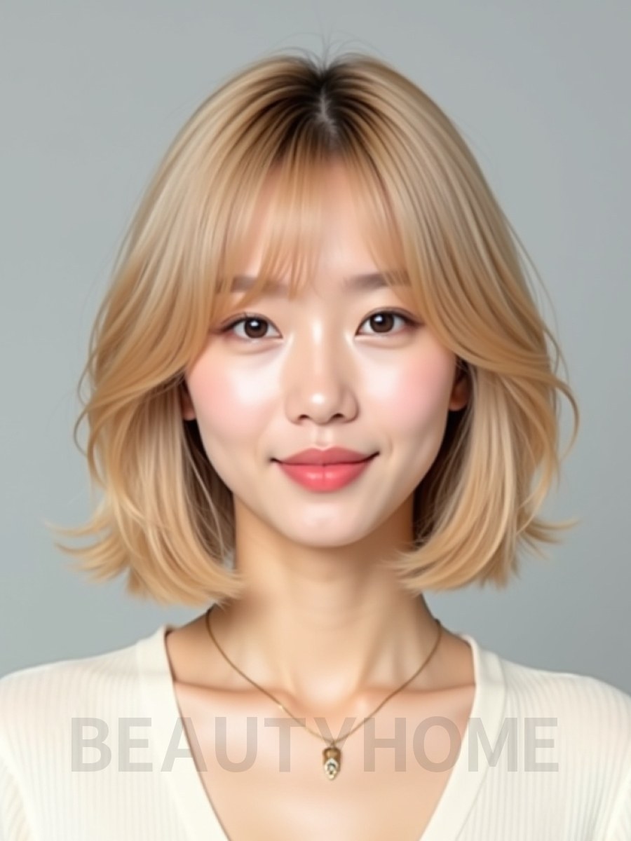 골든 블론드 어깨 레이어드 단발+풀뱅