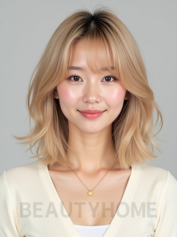 골든 블론드 어깨 비대칭 단발+뱅