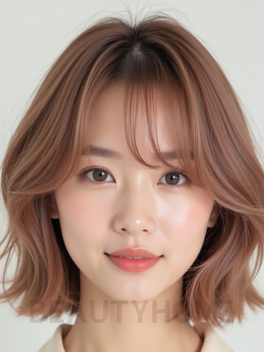 로즈 브라운 턱밑 레이어드 단발+사이드뱅