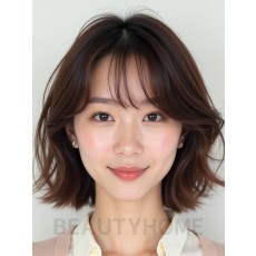 초콜릿 브라운 턱밑 컬 단발+사이드뱅