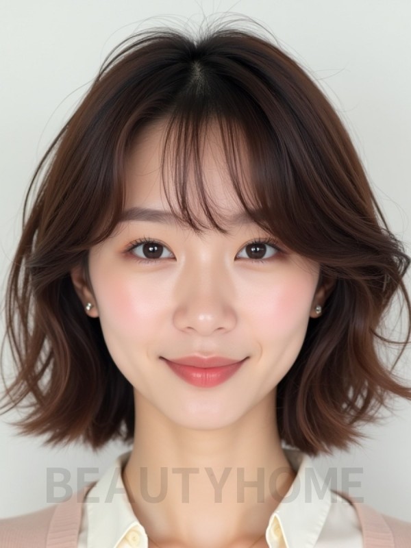 초콜릿 브라운 턱밑 컬 단발+사이드뱅