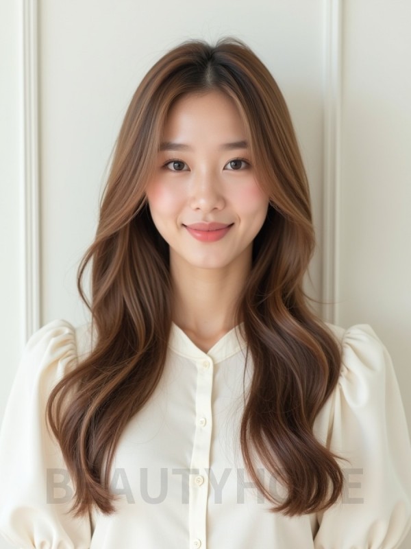 베이지 브라운 긴 웨이브+센터