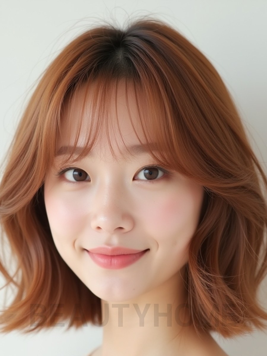 베이지 브라운 귀밑 텍스처 단발+풀뱅