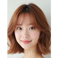 베이지 브라운 귀밑 텍스처 단발+풀뱅