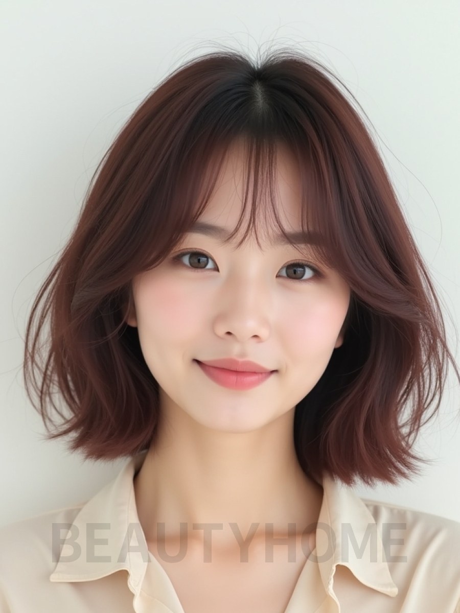 마호가니 턱선 비대칭 단발+커튼뱅