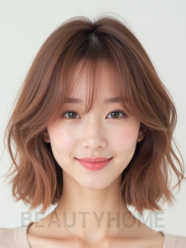 로즈 브라운 쇄골 웨이브 단발+시스루뱅