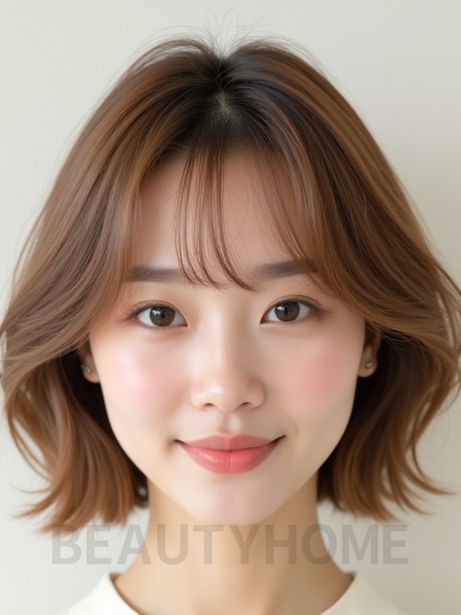 베이지 브라운 쇄골 텍스처 단발+풀뱅