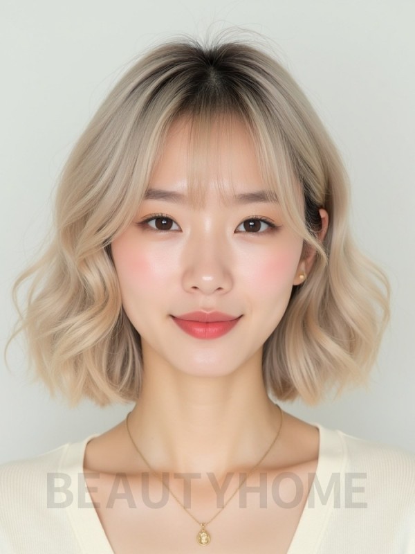 애쉬 블론드 턱선 컬 단발+커튼뱅