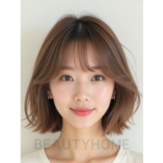 베이지 브라운 쇄골 블런트 단발+커튼뱅