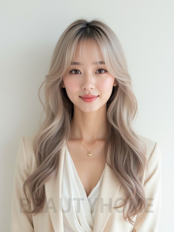 애쉬 블론드 긴 레이어+풀뱅