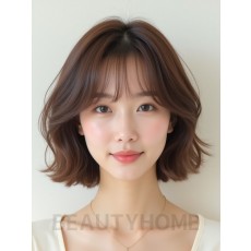 그레ige 브라운 턱밑 컬 단발+시스루뱅
