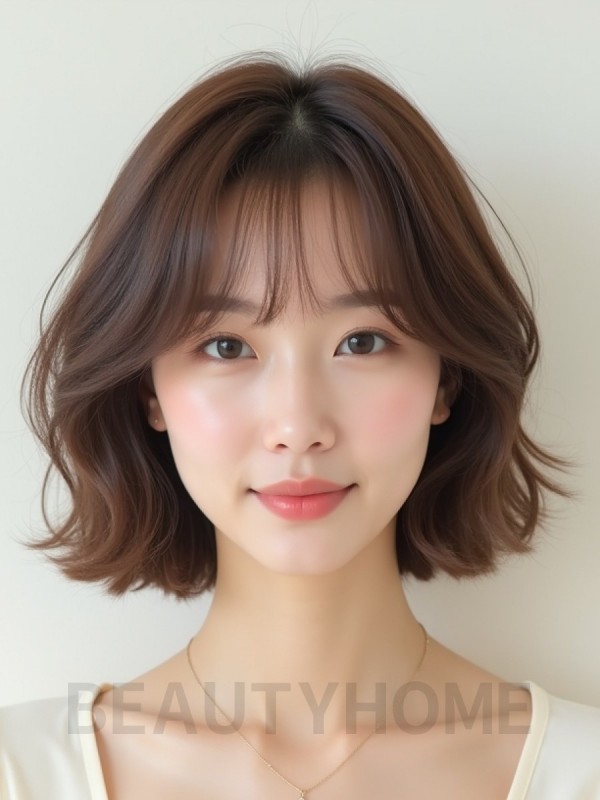 그레ige 브라운 턱밑 컬 단발+시스루뱅
