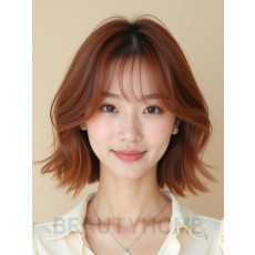 베이지 브라운 어깨 웨이브 단발+시스루뱅