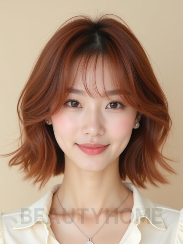 베이지 브라운 어깨 웨이브 단발+시스루뱅