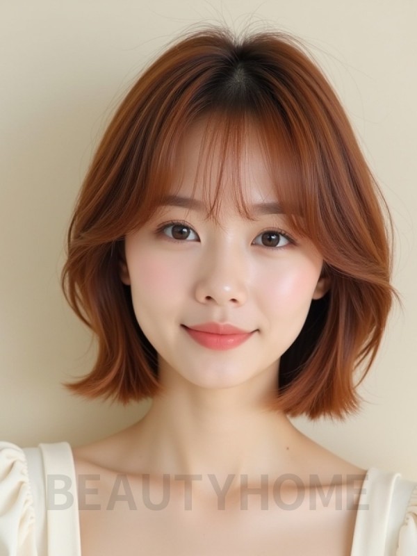 베이지 브라운 턱밑 레이어드 단발+커튼뱅