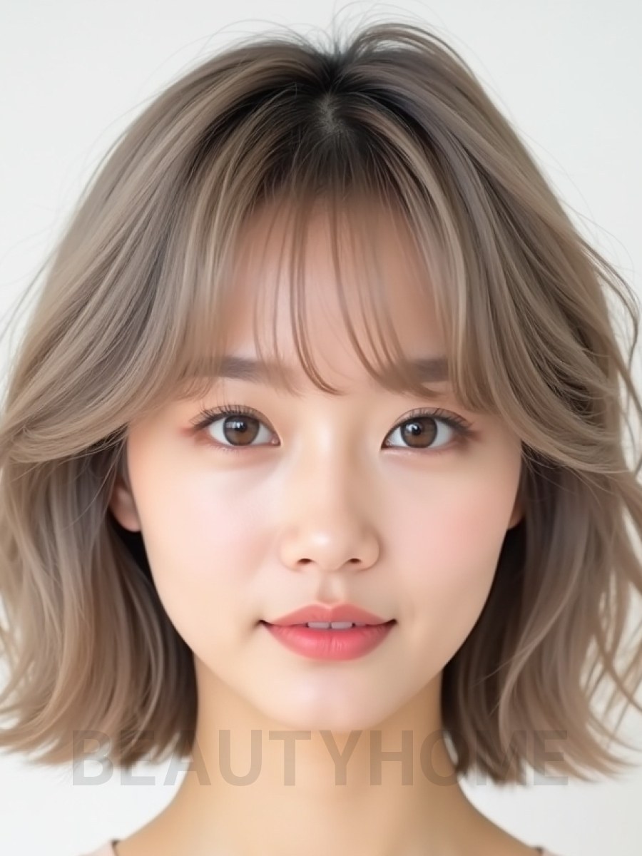 토프 브라운 쇄골 컬 단발+커튼뱅