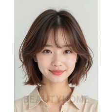 베이지 브라운 턱선 스택 단발+시스루뱅