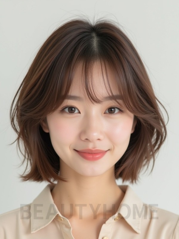 베이지 브라운 턱선 스택 단발+시스루뱅