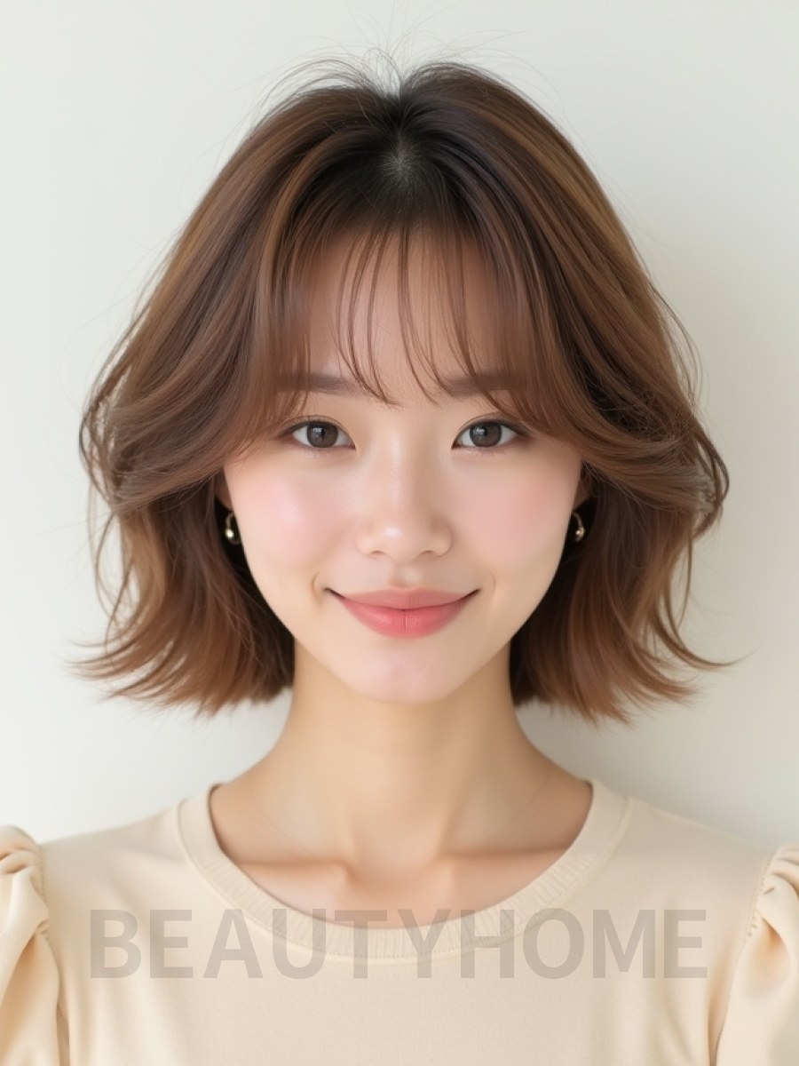 베이지 브라운 턱선 컬 단발+풀뱅
