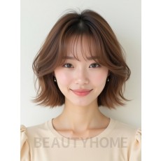 베이지 브라운 턱선 컬 단발+풀뱅
