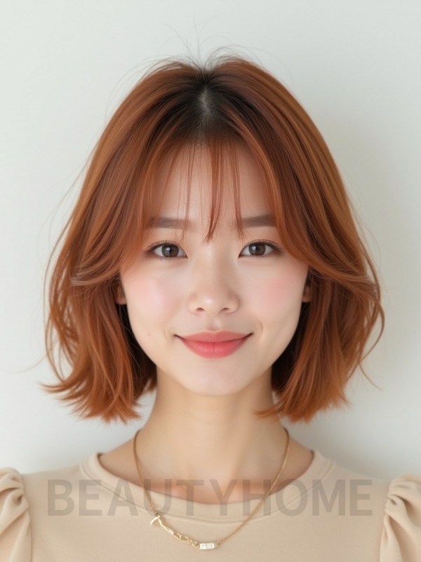 베이지 브라운 턱선 스트레이트 단발+풀뱅