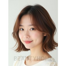 베이지 브라운 귀밑 웨이브 단발+풀뱅