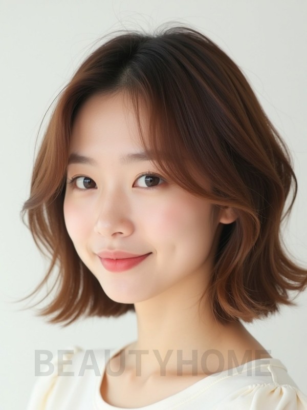 베이지 브라운 귀밑 웨이브 단발+풀뱅