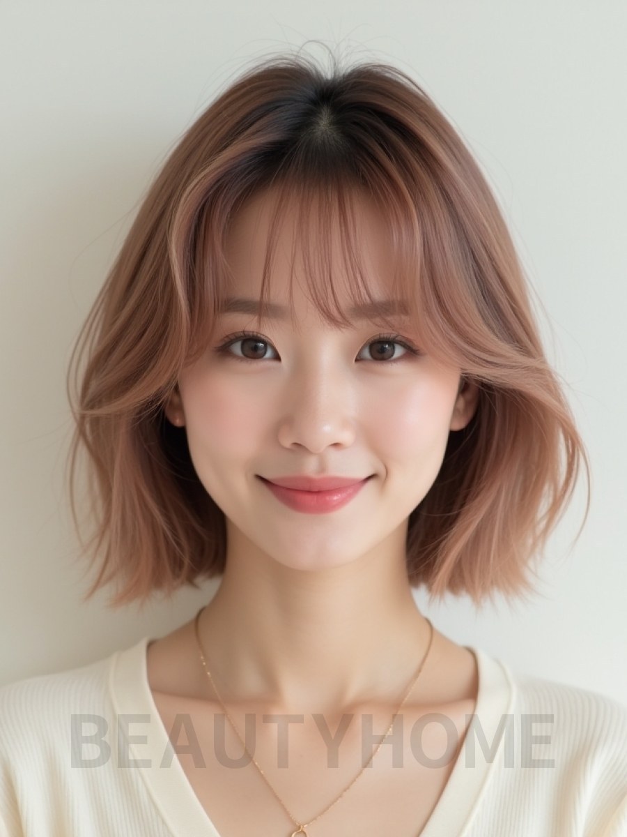 로즈 브라운 턱선 텍스처 단발+풀뱅