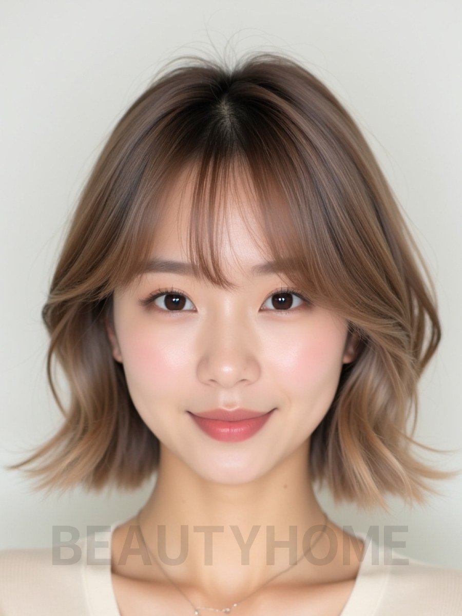 베이지 브라운 턱밑 비대칭 단발+뱅