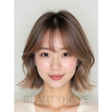 베이지 브라운 턱밑 비대칭 단발+뱅