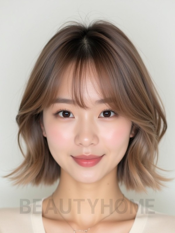베이지 브라운 턱밑 비대칭 단발+뱅