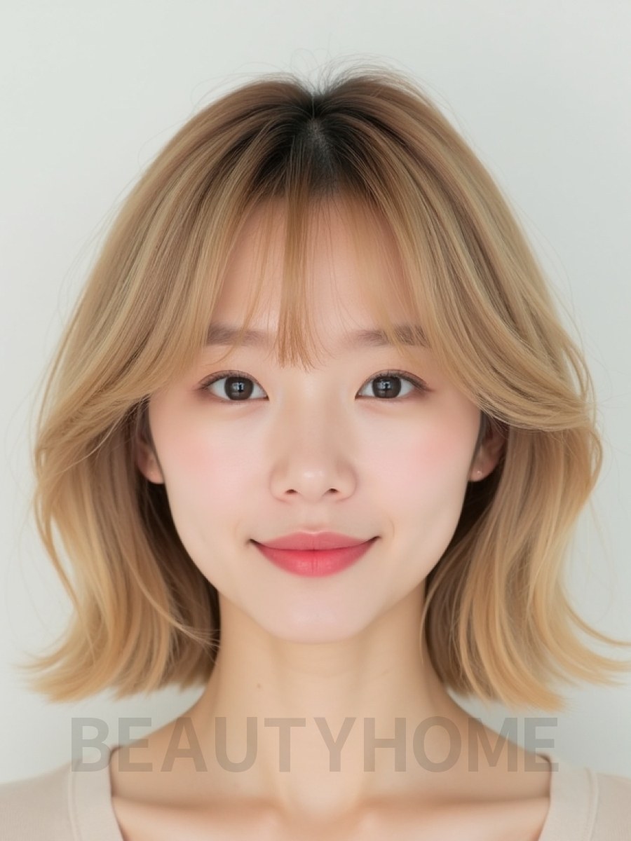 샌드 블론드 쇄골 웨이브 단발+뱅
