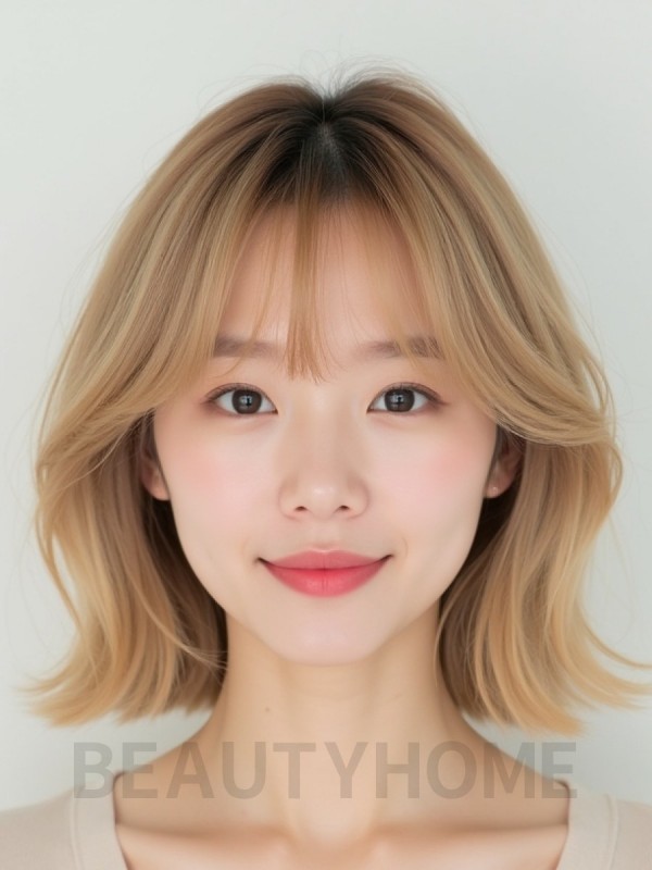샌드 블론드 쇄골 웨이브 단발+뱅