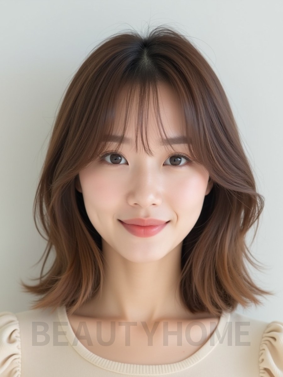 베이지 브라운 어깨 그라데이션 단발+뱅