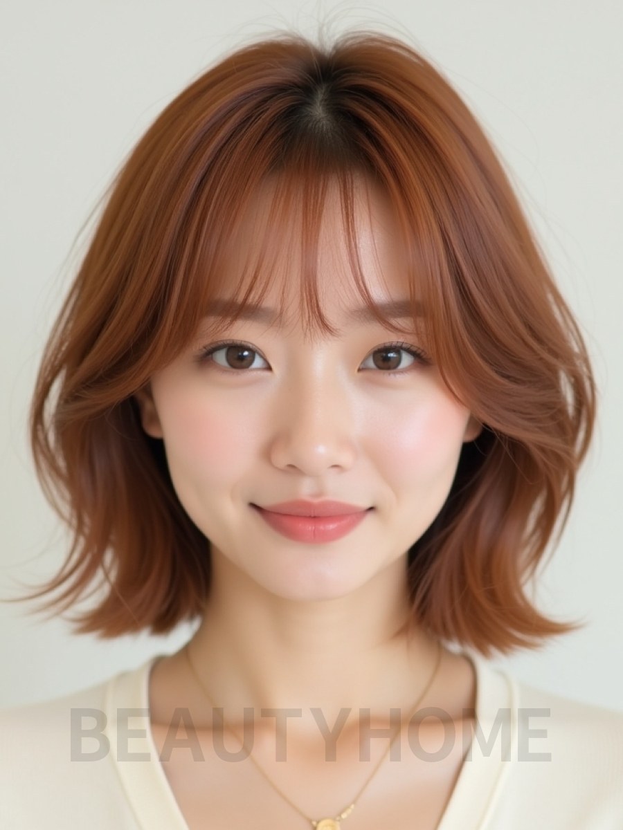베이지 브라운 턱선 인버티드 단발+뱅