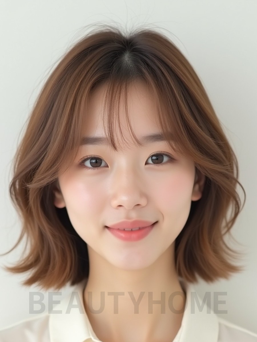 베이지 브라운 턱밑 그라데이션 단발+시스루뱅