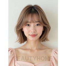 밀크티 브라운 턱선 블런트 단발+커튼뱅