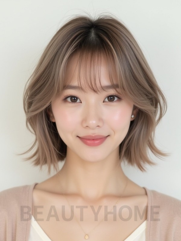 토프 브라운 턱선 텍스처 단발+사이드뱅