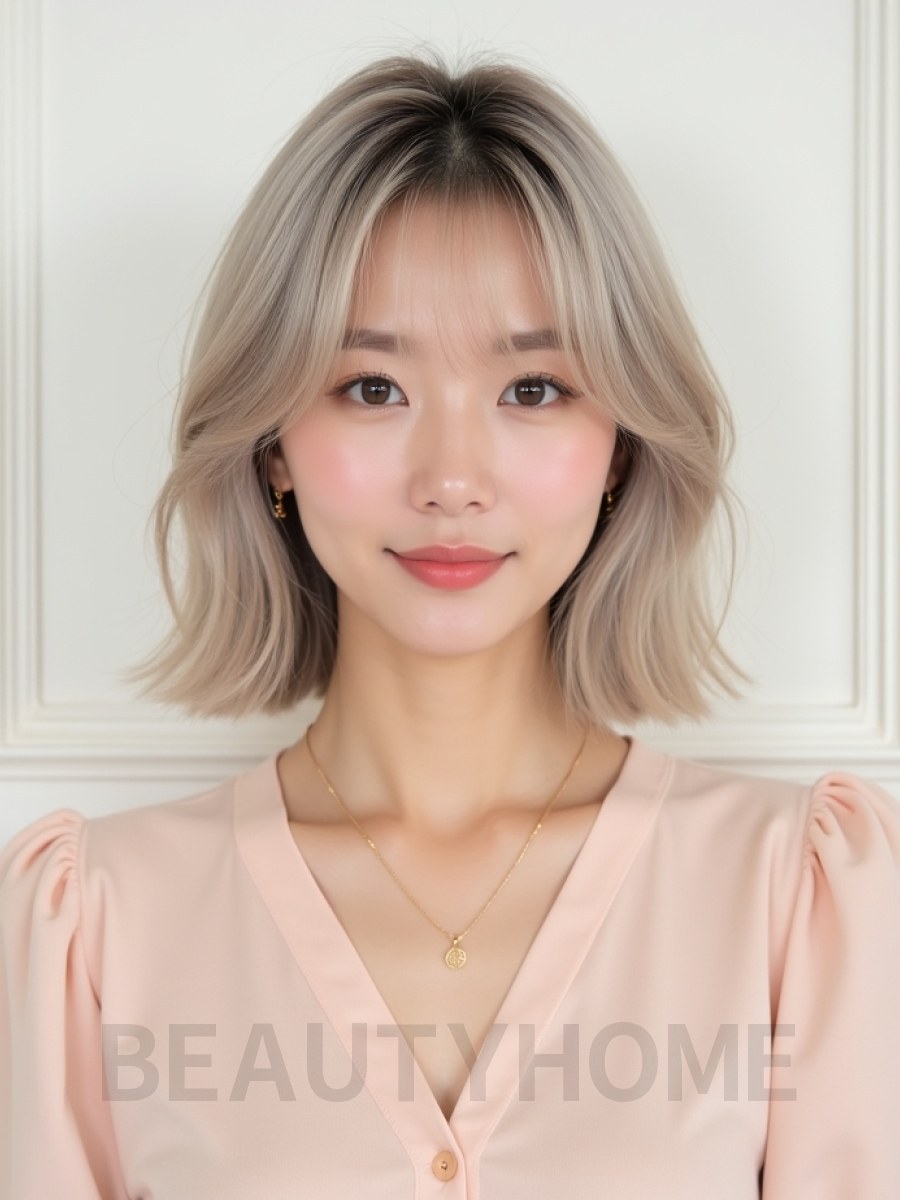 애쉬 블론드 어깨 블런트 단발+커튼뱅