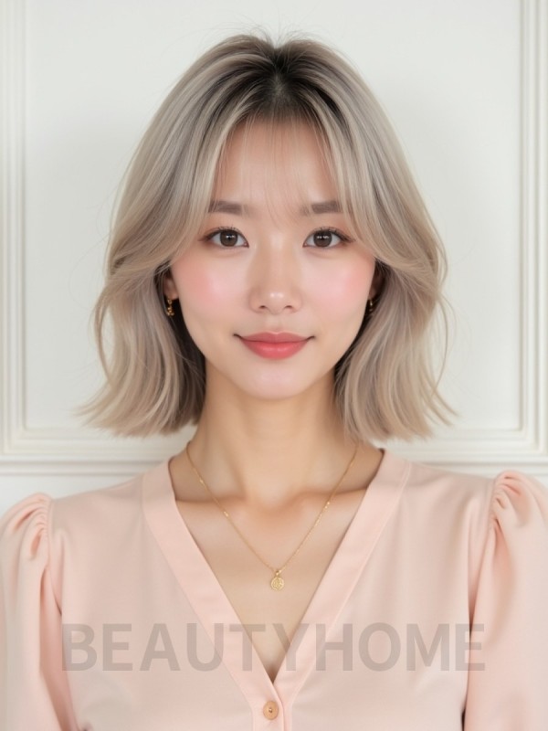 애쉬 블론드 어깨 블런트 단발+커튼뱅