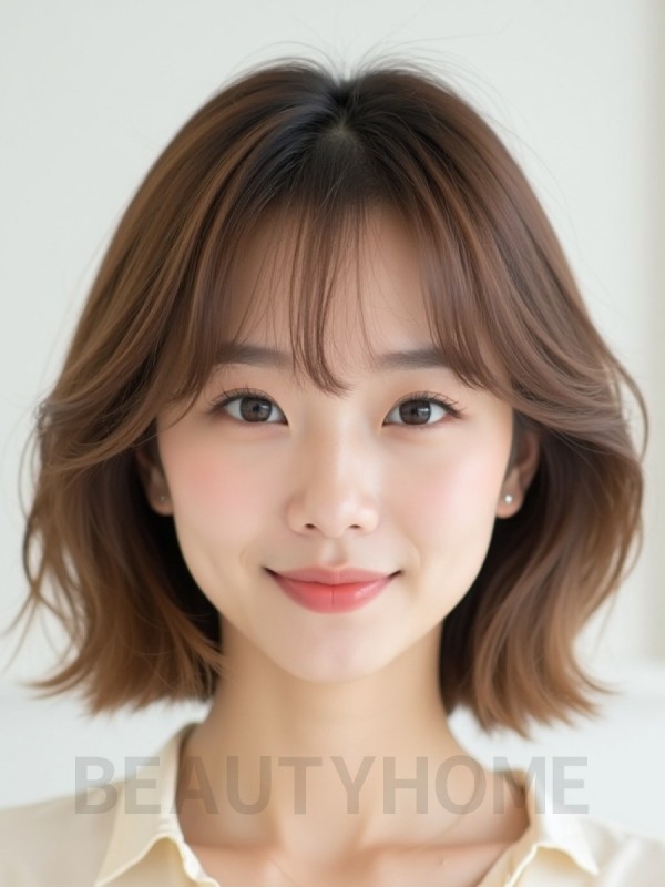 베이지 브라운 귀밑 블런트 단발+뱅