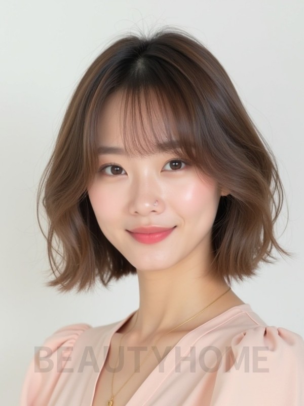 그레ige 브라운 턱선 블런트 단발+풀뱅